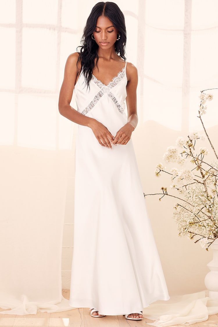 Love and Romance White Satin Lace Maxi Slip Dress