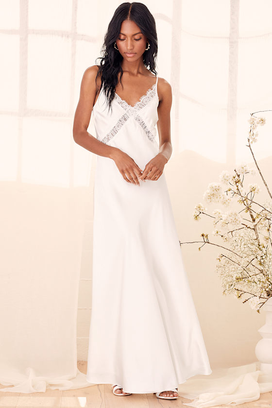 Love and Romance White Satin Lace Maxi Slip Dress 4