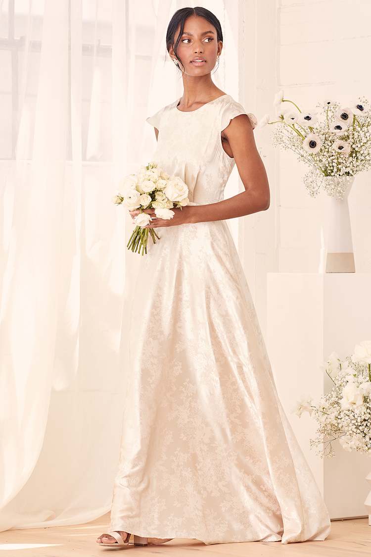 Save a Dance Champagne Satin Jacquard Cap Sleeve Maxi Dress