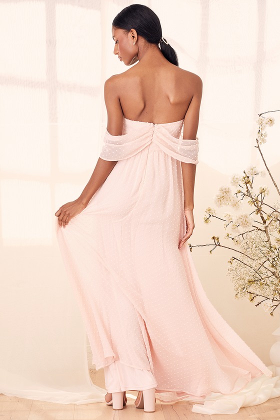 Got My Heart True Blush Swiss Dot Off-the-Shoulder Maxi Dress