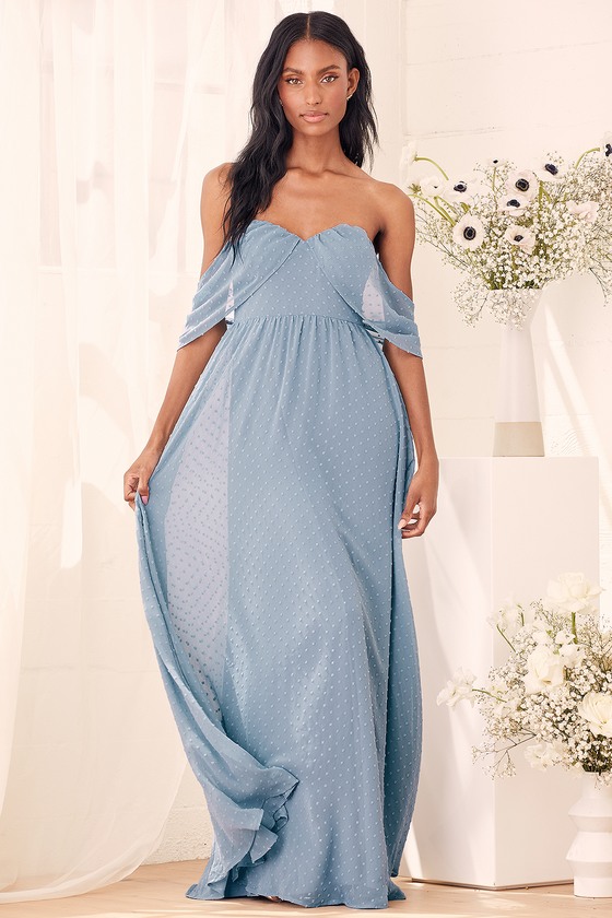 Got My Heart Slate Blue Swiss Dot Off-the-Shoulder Maxi Dress