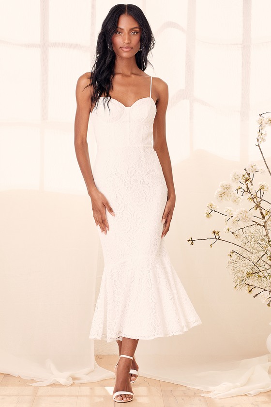 White Lace Dress - Midi Trumpet Dress ...