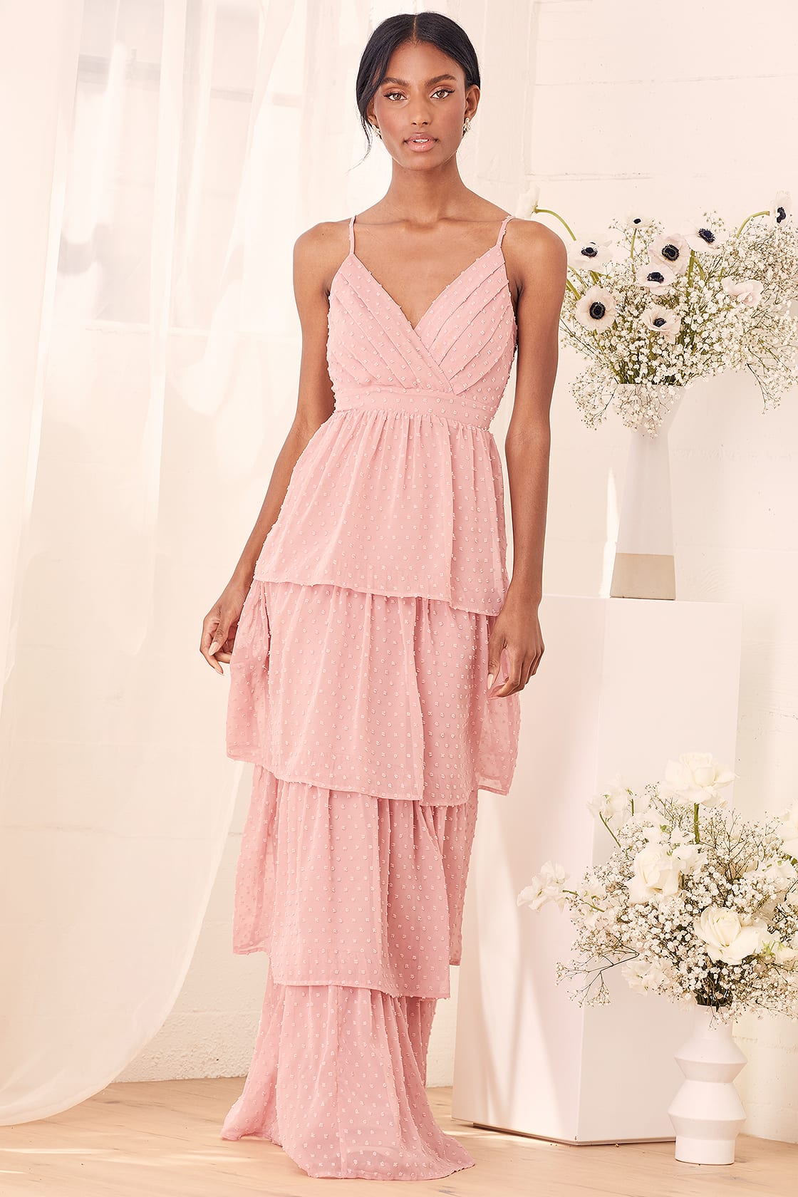 Pink Tiered Maxi Wedding Guest Dress for Palm Springs or Spring Wedding