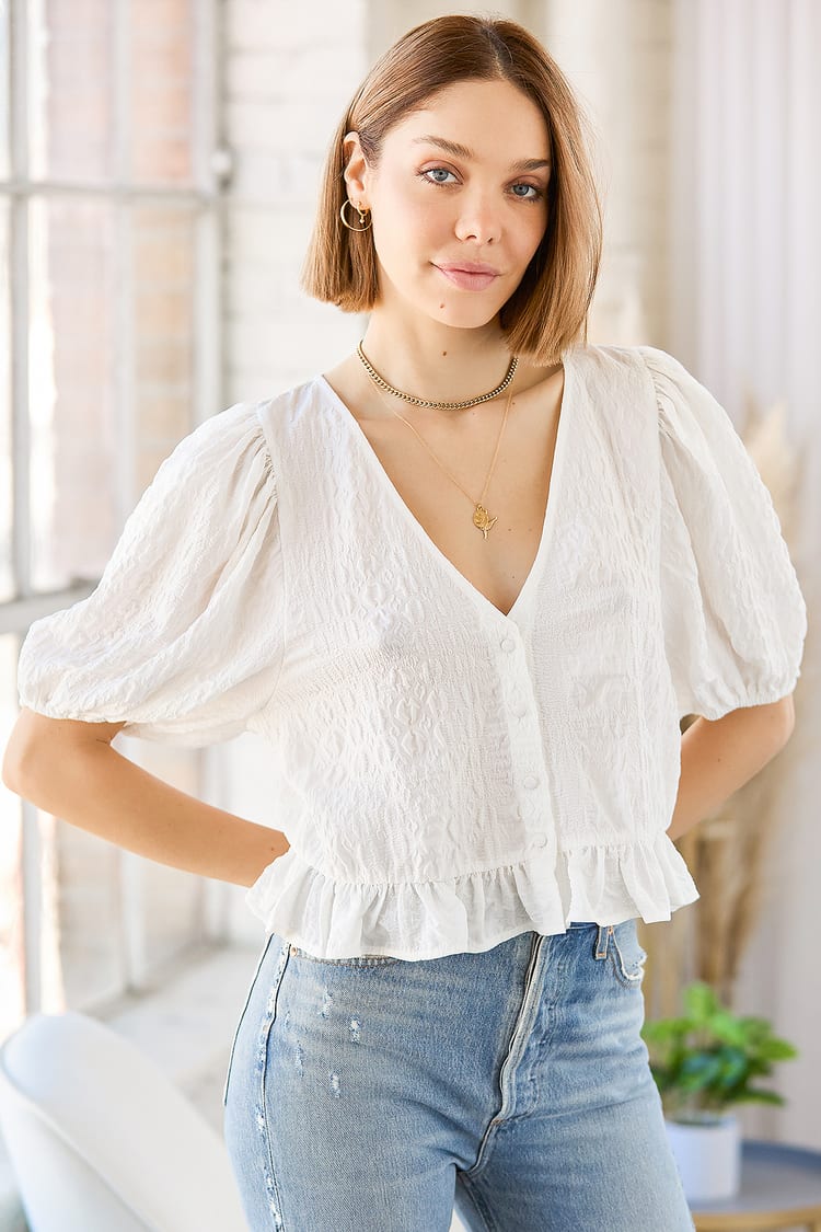 v neck puff sleeve blouse