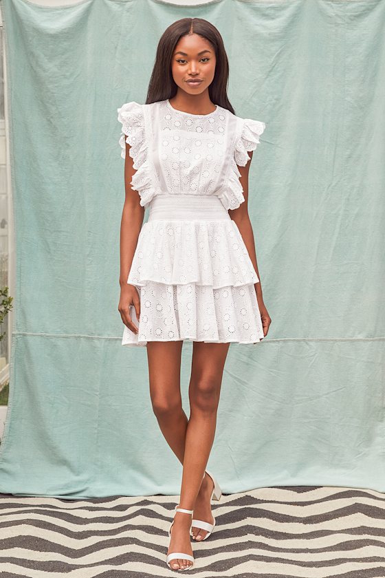 Delightfully Sunny White Eyelet Lace Tiered Ruffled Mini Dress 2