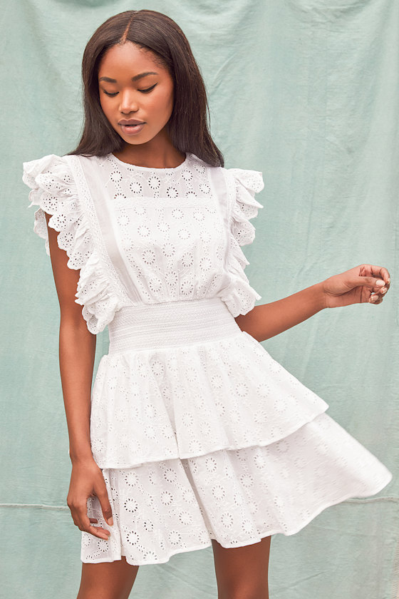 Delightfully Sunny White Eyelet Lace Tiered Ruffled Mini Dress 3