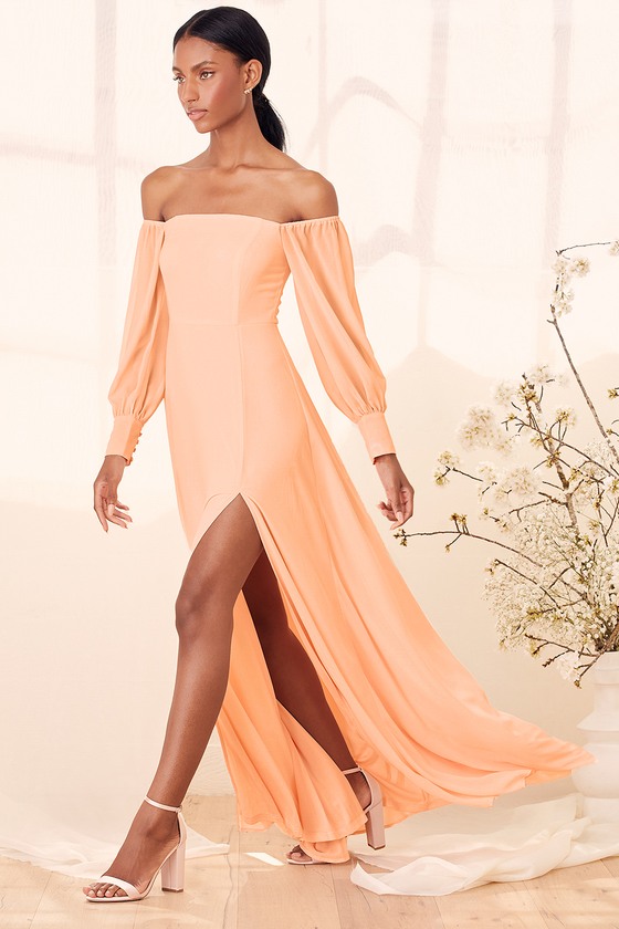 TIMELESS ELEGANCE OFF-SHOULDER PEACH CREPE BODYCON DRESS | Womenue