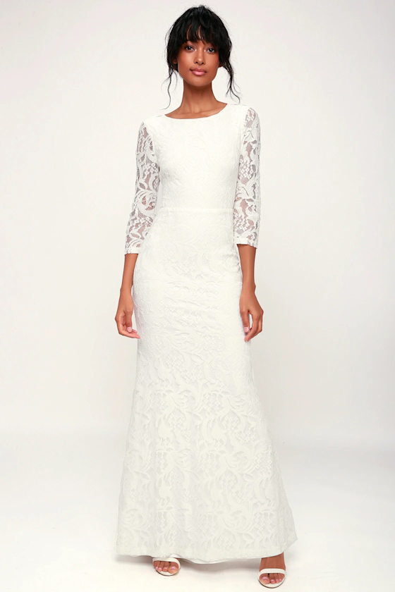 Adley White Lace Three-Quarter Backless Maxi Dress 16
