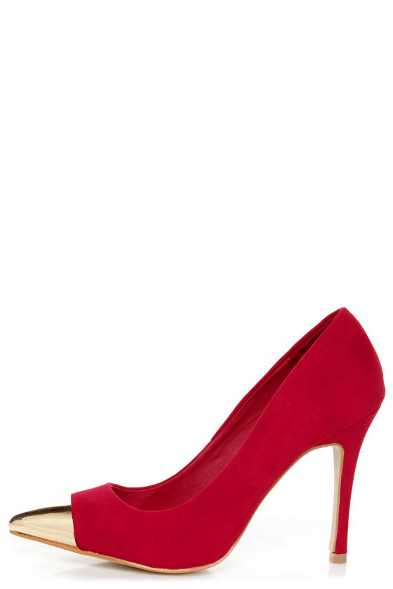 Mixx Shuz Teresa Red and Gold Cap-Toe Pointed Pumps