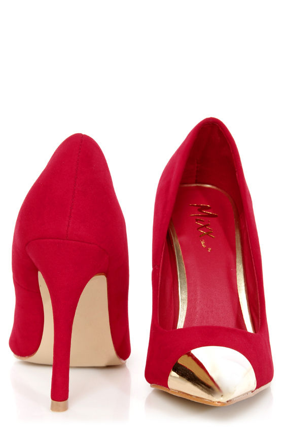Treat ürself original ribbon pumps Mixx Shuz Teresa Red and Gold Cap-Toe Pointed Pumps - $49.00