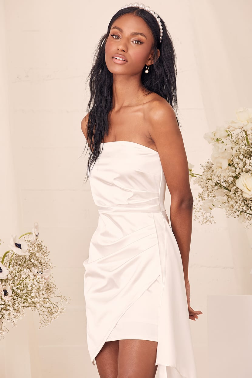 White Satin Dress - Strapless Mini Dress - Asymmetrical Dress - Lulus