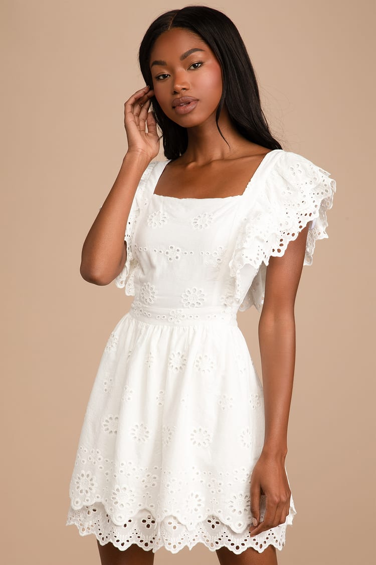 White Eyelet Lace Dress - Ruffle Mini Dress - Cotton Skater Dress - Lulus