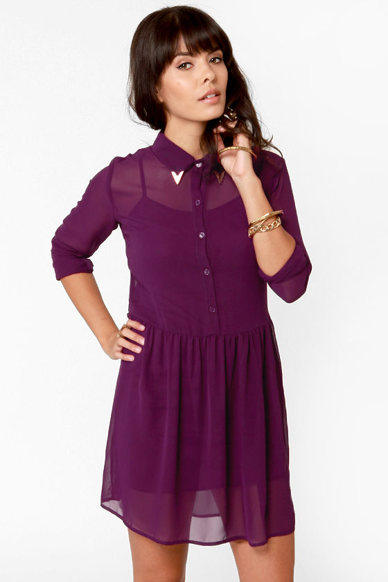 Cute Purple Dress Shirt Dress Embellished Collar Dress 42.00 Lulus