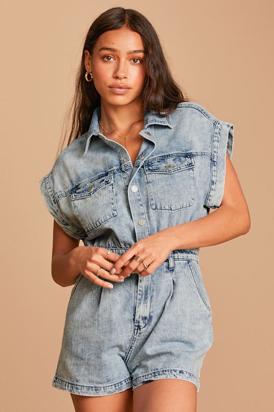 Head Backstage Light Wash Denim Short Sleeve Romper 5