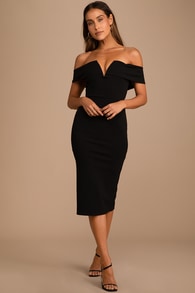 My Favorite Night Black Off-the-Shoulder Bodycon Midi Dress