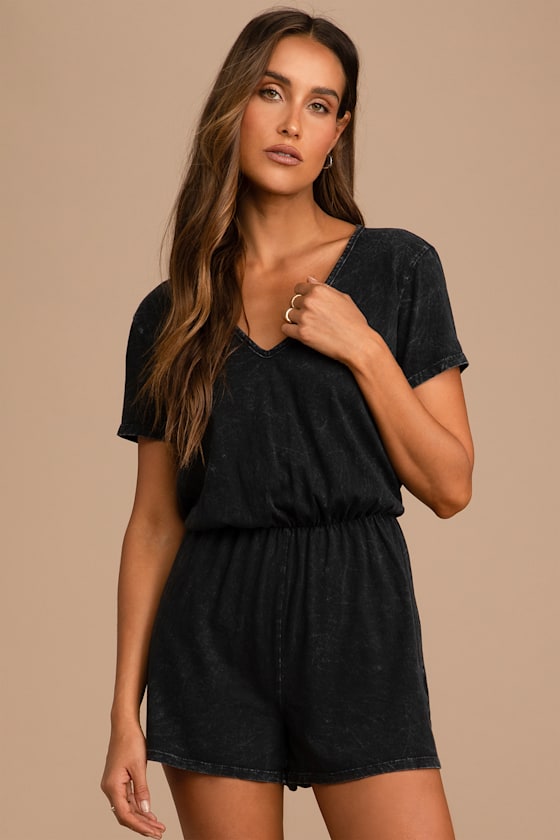 Casual Cutie Washed Black Short Sleeve Romper 1