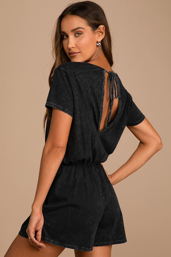Washed Black Romper Short Sleeve Romper Casual Cotton Romper Lulus