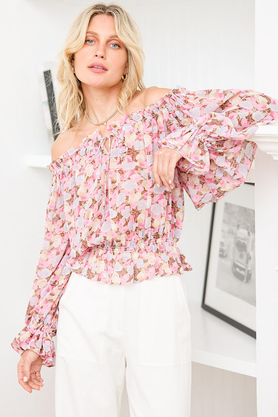 Pink Floral Top OfftheShoulder Top Floral Print Blouse Lulus