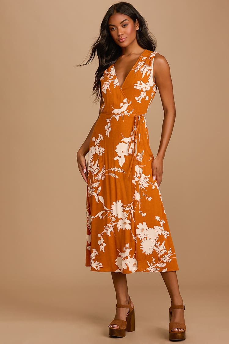 knee length dresses for ladies Burnt Orange Short Sleeve Ring Detail Wrap Midi Dress – AX Paris US