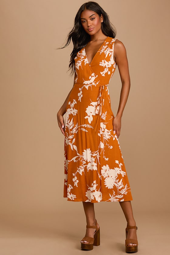 Best Day Yet Rust Orange Floral Print Midi Wrap Dress 10
