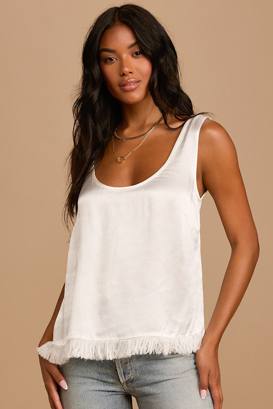 Ivory Tank Top Frayed Hem Crop Top Satin Tank Top Lulus