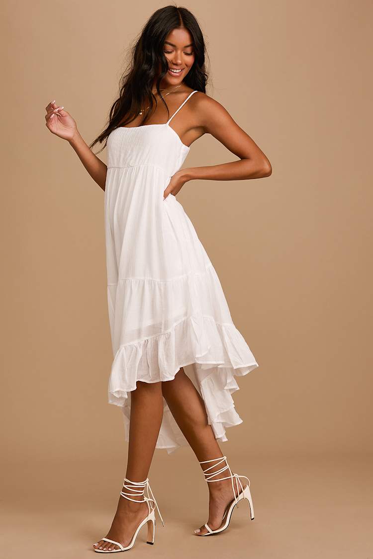 White High-Low Dress - Asymmetrical Midi Dress - White Sundress