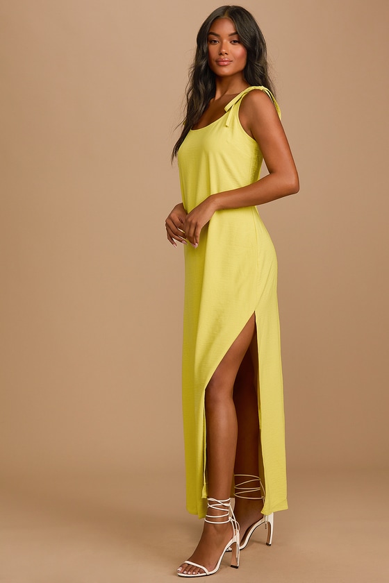 Lulus | Salt Water Breeze Chartreuse Tie-Strap Maxi Dress | Size Large | Green | 100% Polyester