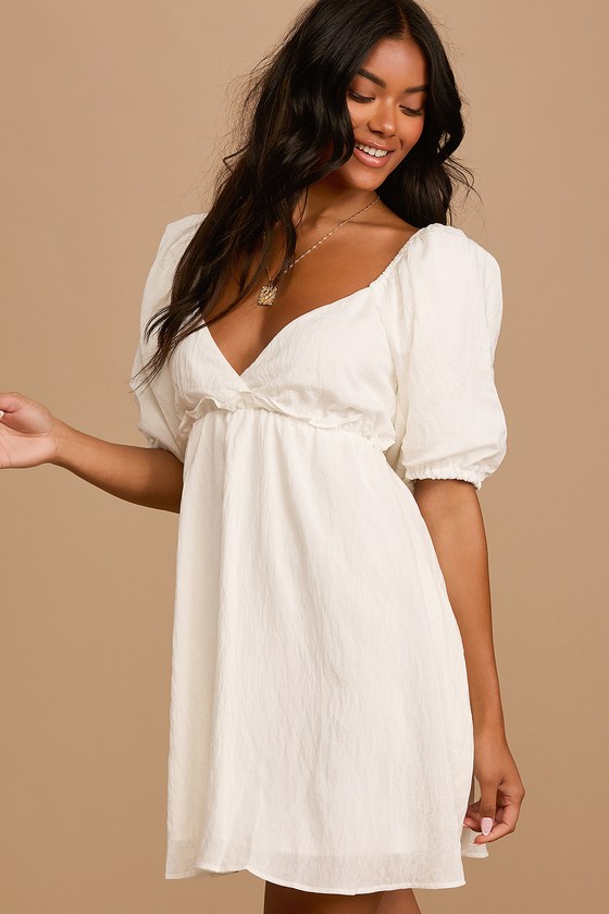Belted Puff Sleeve Dress-Cream