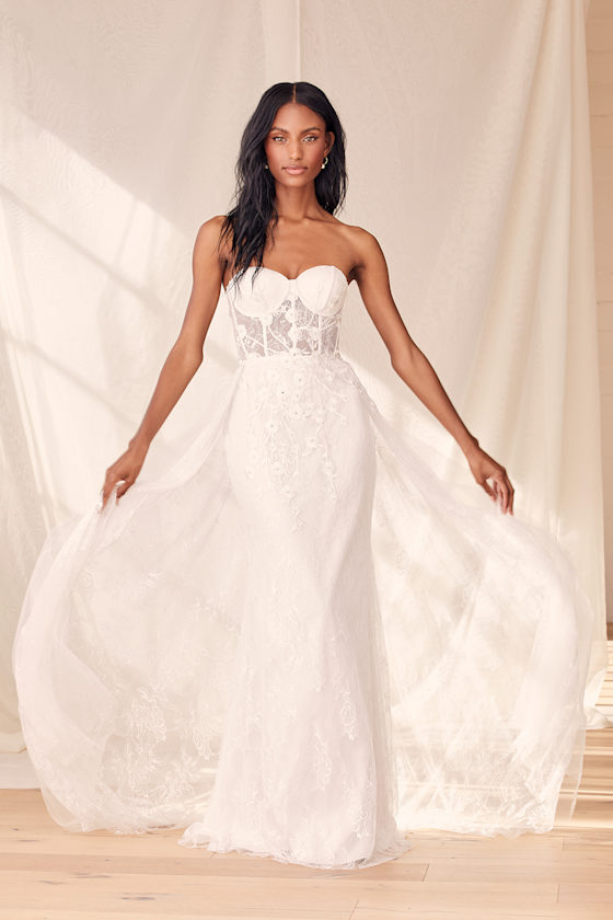 Elegance White Lace Embroidered Rhinestone Strapless Maxi Dress 1