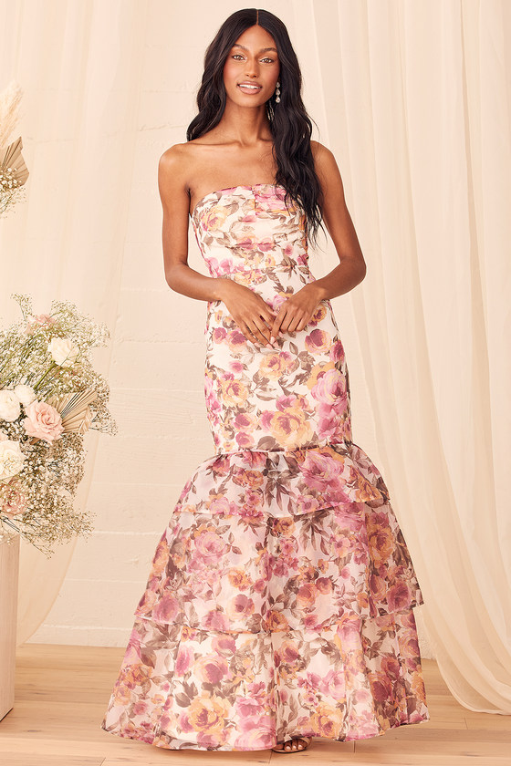 Fleur of Dreams Ivory and Pink Floral Print Organza Maxi Dress