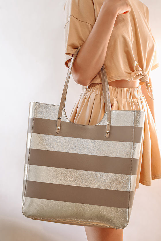 Cute Taupe Tote Bag Striped Handbag Faux Leather Bag Lulus