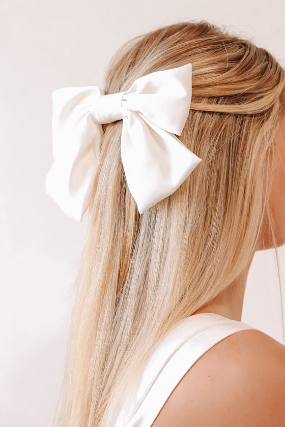 White Hair Bow Satin Hair Bow Oversized Bow French Barrette Lulus