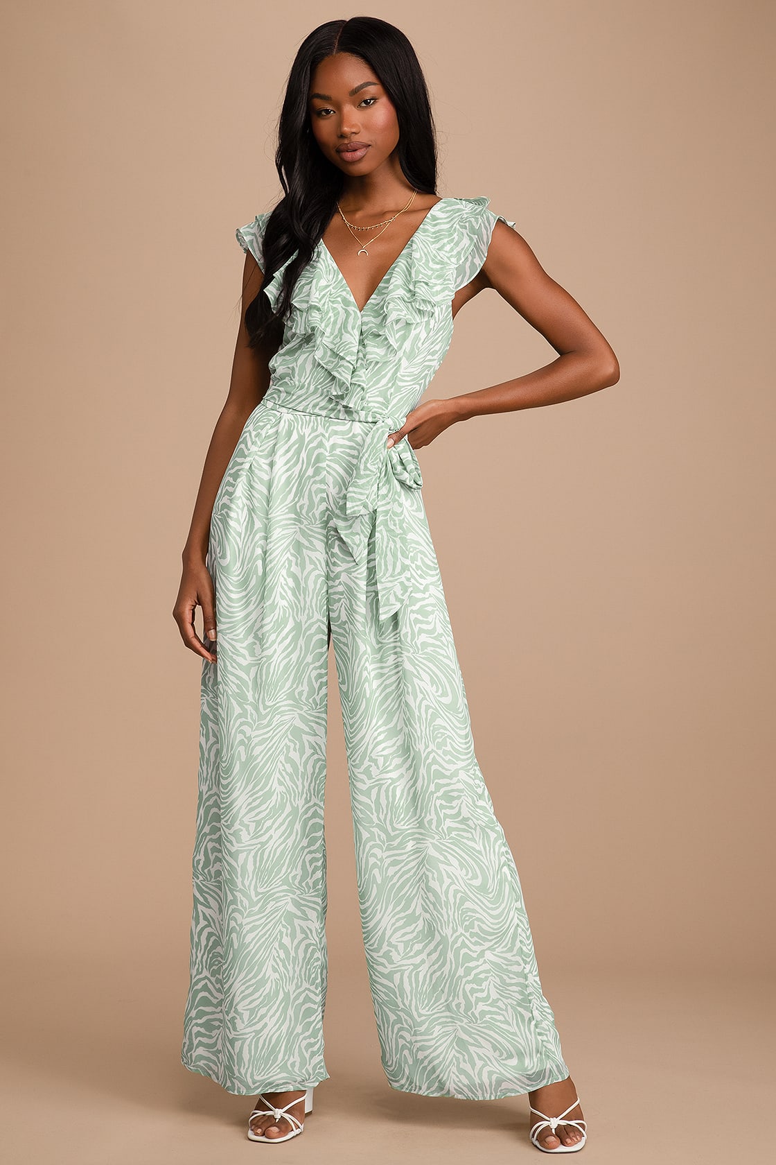 Floral Green Animal Print Wide Leg Wedding Guest Jumpsuit and Vacation Jumpsuit