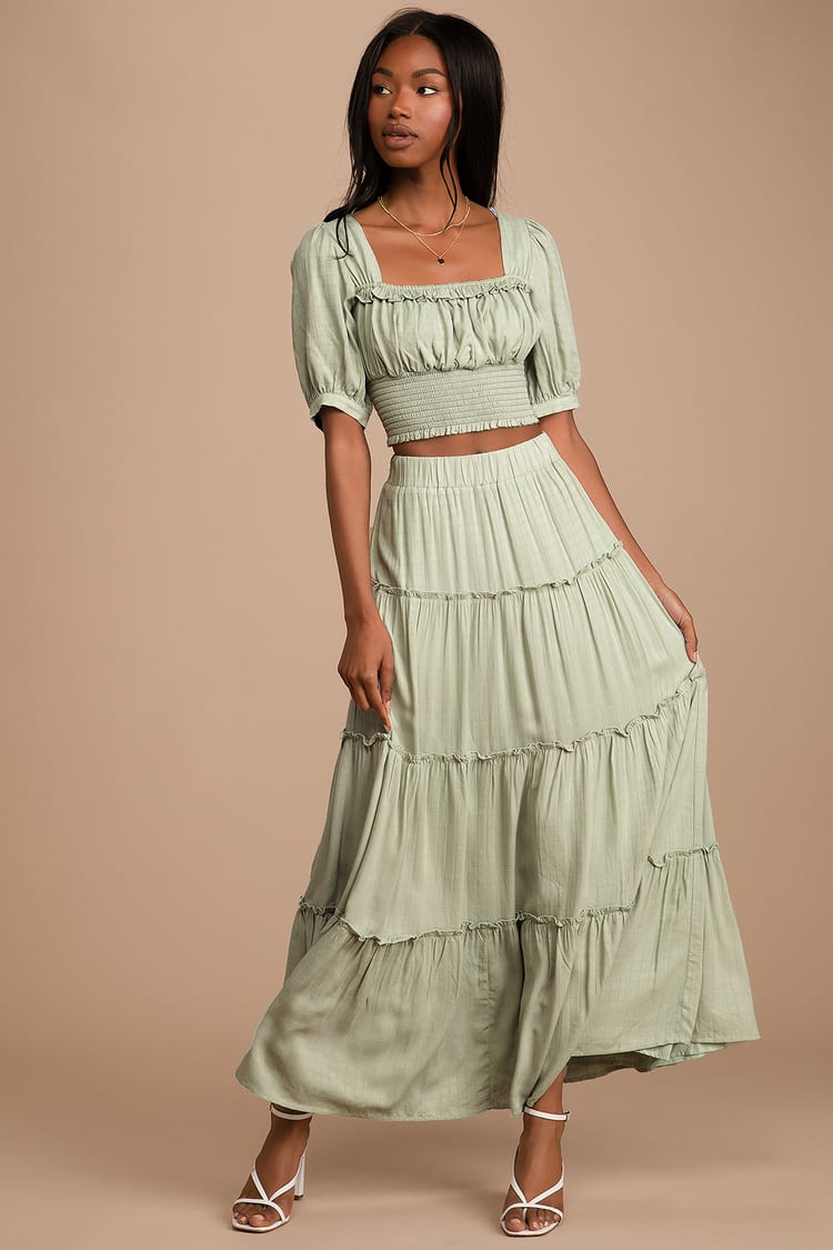 Sweeten the Moment Sage Green Tiered Two-Piece Maxi Dress