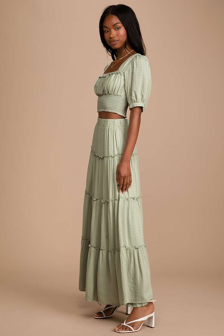 2 piece sage green dress Two-Piece - Puff Sleeve Dress - Tiered Maxi Dress smqd34