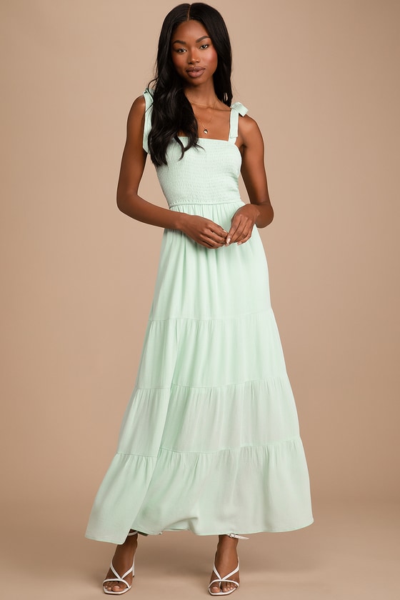 Mint Green Tiered Dress - Tie-Strap Dress - Smocked Maxi Dress - Lulus