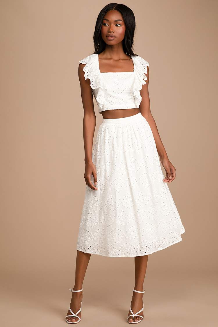 White Eyelet Lace Dress - Two-Piece Dress - Cotton Midi Dress - Lulus