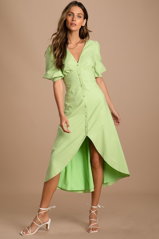 Dare to be Dreamy Lime Green Puff Sleeve High-Low Midi Dress