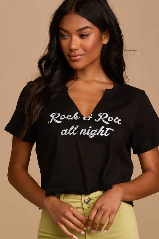 PRINCE PETER ROCK AND ROLL ALL NIGHT BLACK GRAPHIC CROPPED TEE