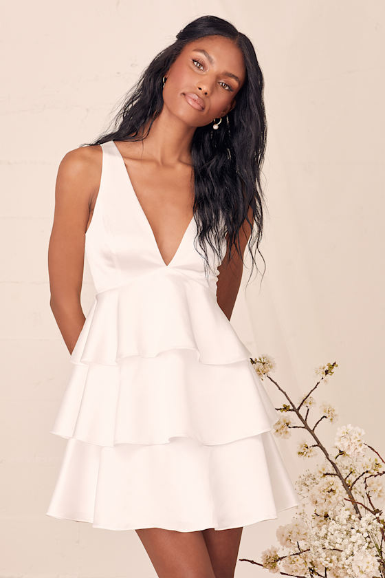 Tiers of Joy White Satin Tie-Back Tiered Mini Dress 2