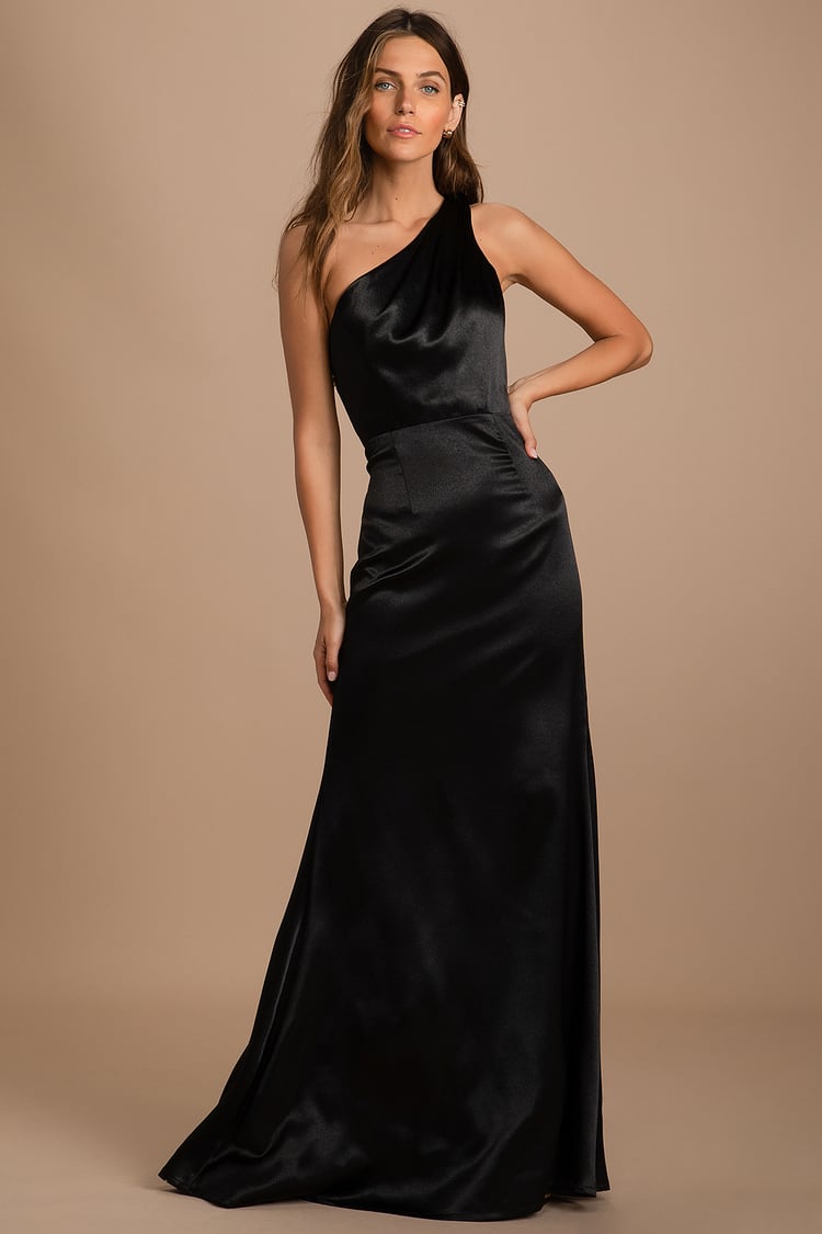 On the Guest List Black Satin One-Shoulder Maxi Dress