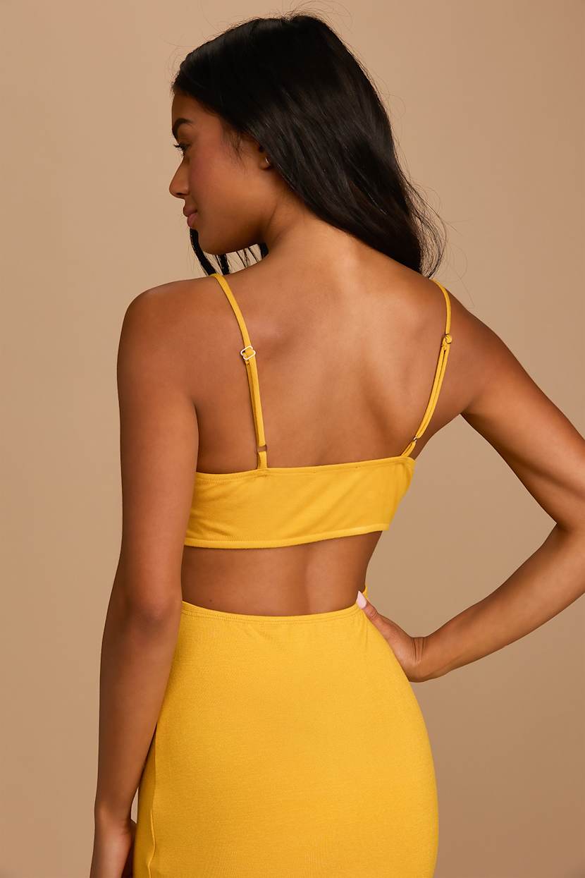 mustard backless dress Mustard Yellow Satin Backless Dress With Sleeves – Lisposa main image 1