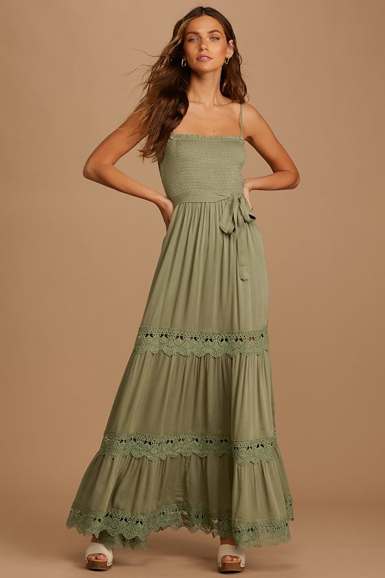 All This Time Sage Green Smocked Tiered Maxi Dress 1