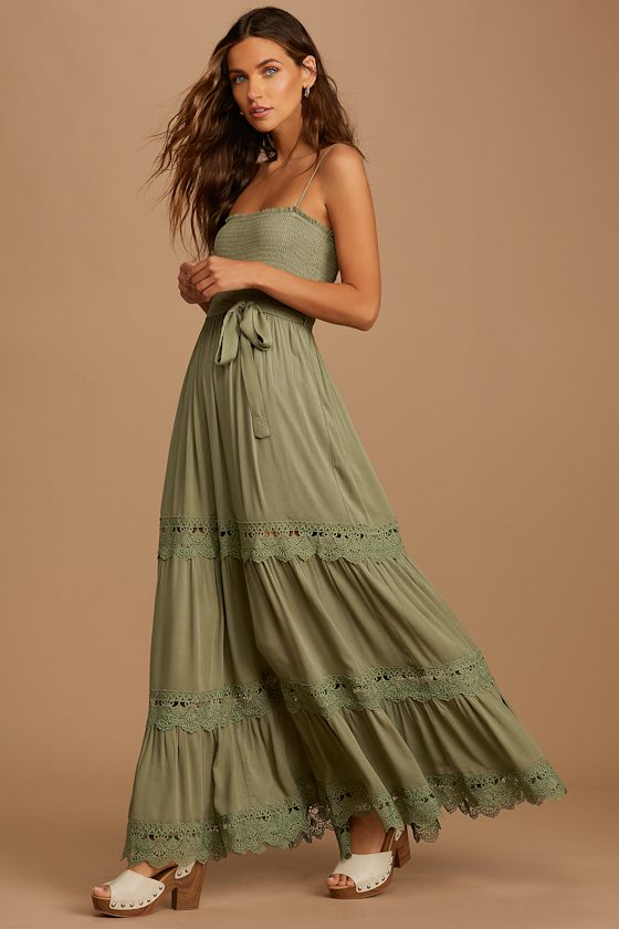 All This Time Sage Green Smocked Tiered Maxi Dress 2