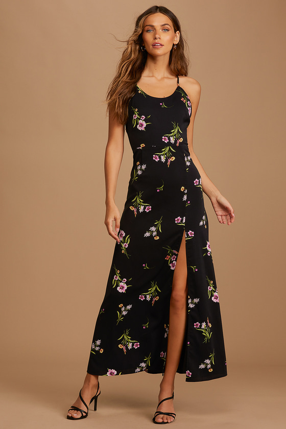 Black Maxi Dress - Floral Print Dress - Satin Maxi Dress - Lulus