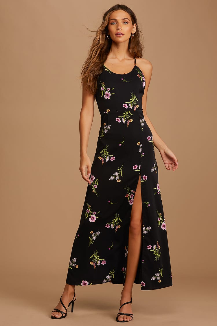 Blooming Vision Black Floral Print Satin Maxi Dress