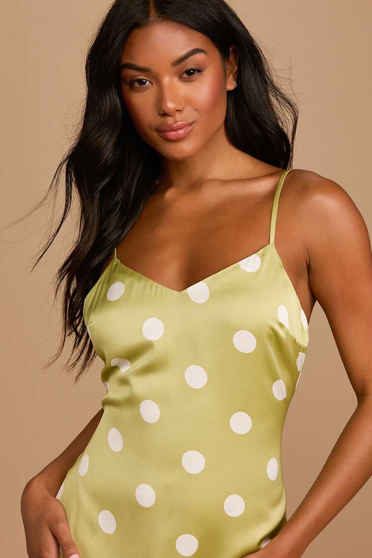green polka dot satin dress 1990s Oscar de la Renta Green & White Silk Polka Dot Dress