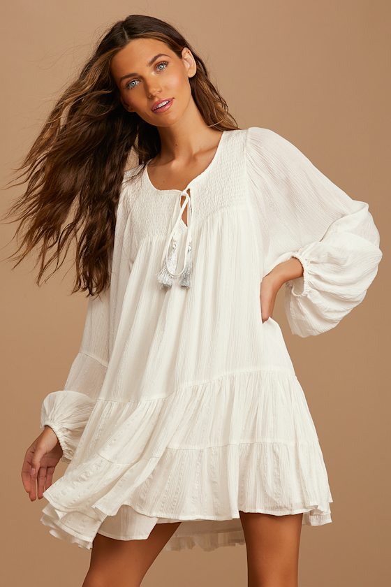 Wine Tasting White Striped Long Sleeve Tiered Swing Dress 1