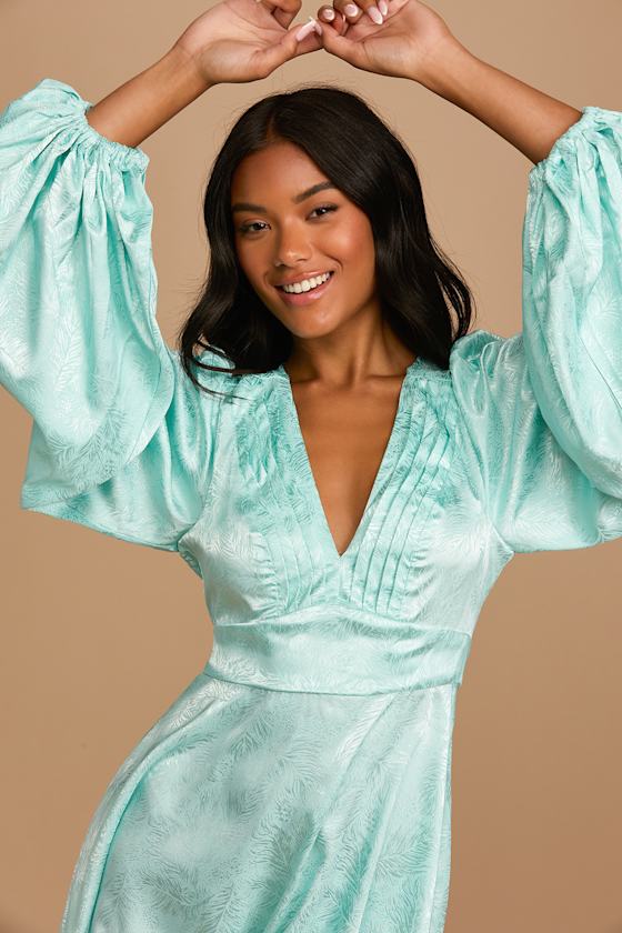 Light Blue Dress - Satin Jacquard Dress - Balloon Sleeve Dress - Lulus