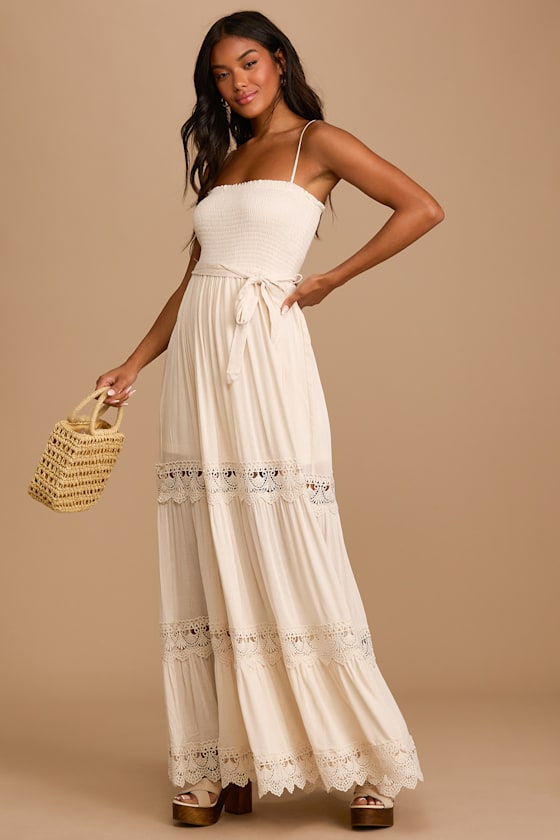 All This Time Cream Smocked Tiered Maxi Dress 5